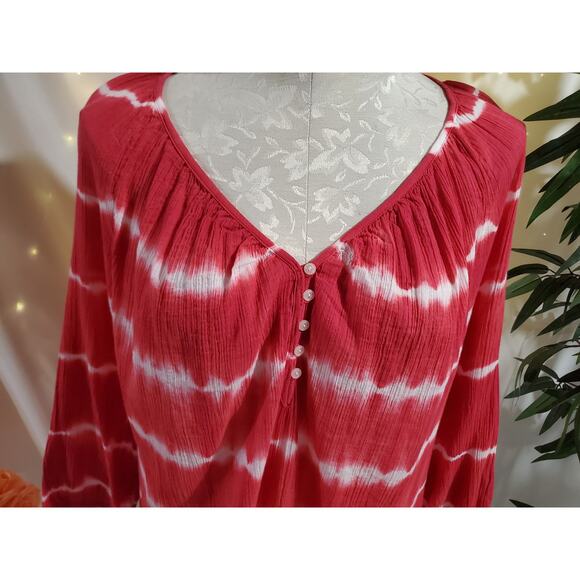 Ralph Lauren Chaps Tie Dye Stripe V-Neck 3/4 Sleeve Henley Blouse Size XL Pink - Picture 5 of 9